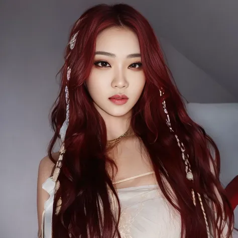 a beautiful young asian woman with long flowing red hair, detailed facial features, intricate earrings, serene expression, elegant pose, photorealistic, highly detailed, 8k, hyperrealistic, studio lighting, vivid colors, warm color palette, beautiful skin,...