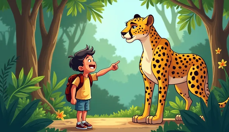 a kid points towards a cheetah in jungle for kids cartoon


