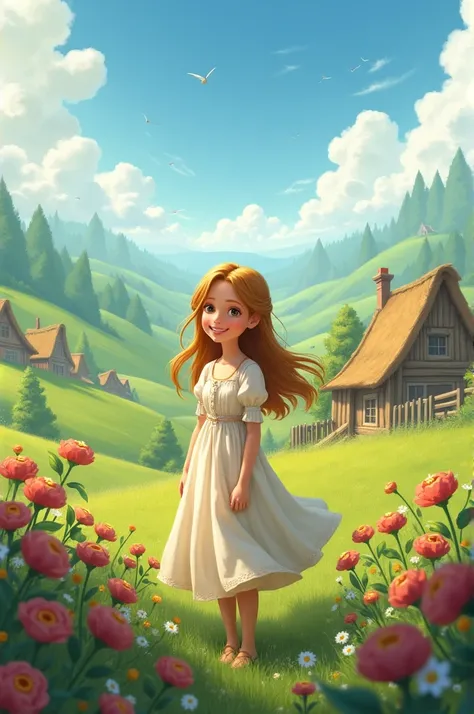 TA peaceful village nestled in the countryside, surrounded by green fields and small, thatched-roof cottages. The sky is a soft blue, and birds are flying overhead. In the foreground, Beauty, a young girl with radiant, golden-brown hair and a gentle smile,...