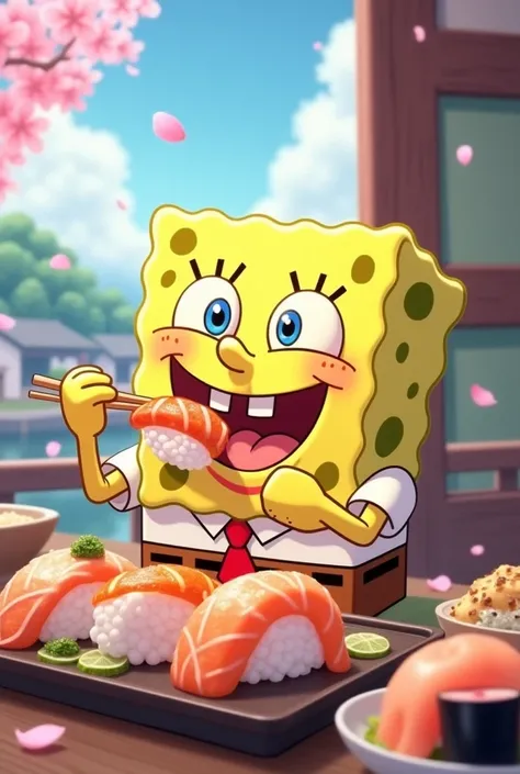 Spongebob kwaii anime eating sushi