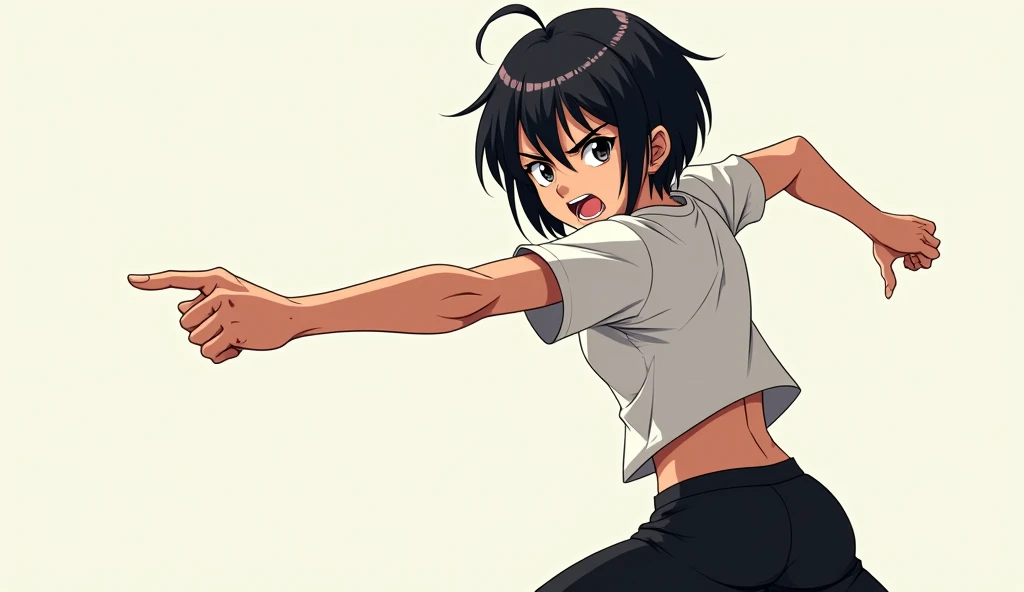 An 1 anime girl who is fearless, she has short black hair. He is wearing gym clothes, a white shirt and black pants., with a beautiful body. She is standing to the side looking to the left with an angry face and pointing at someone as if she was scolding t...