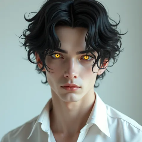 Handsome man with black curly hair, yellow eyes, white skin, thin nose, wearing a white shirt
