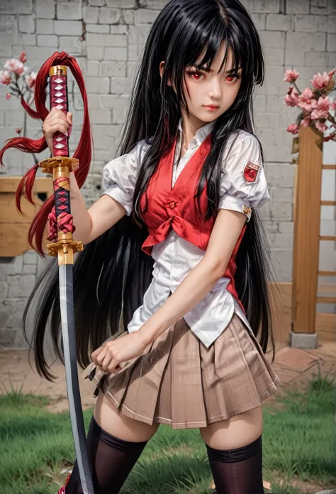 3na_h1me, 1girl, sword, red eyes, weapon, black hair, solo, long hair, thighhighs, skirt, katana, holding katana