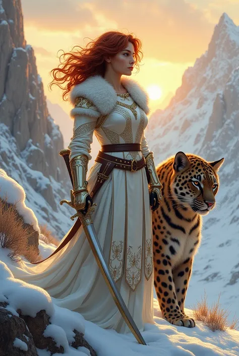 Beautiful female ranger in furlined white armor, with shoulderlength unruly curly dark red hair, with longbow and longsword, dark golden big jaguar cat, winter mountain landscape, sunrise early morning light, alphonse mucha style