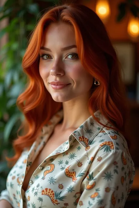 A red-haired Brazilian woman in a lush restaurant, wearing a closed shirt with a plain print, with a close-up capturing the harmonious beauty between her full breasts, showing off your natural charm and outgoing personality.