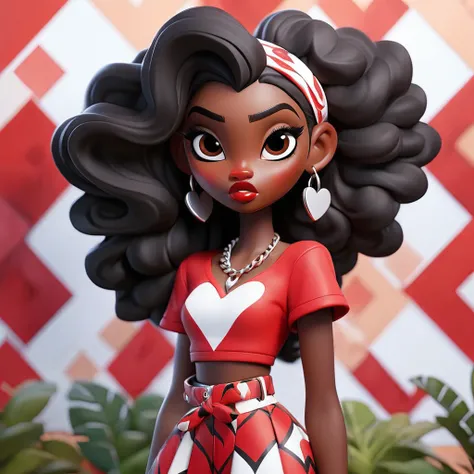 3D cartoon, A black skin young woman stands confidently in front of a vibrant red and white patterned mural. She wears a matching red crop top and flared skirt, accessorized with a silver chain belt adorned with heart-shaped links. Her long, wavy hair high...