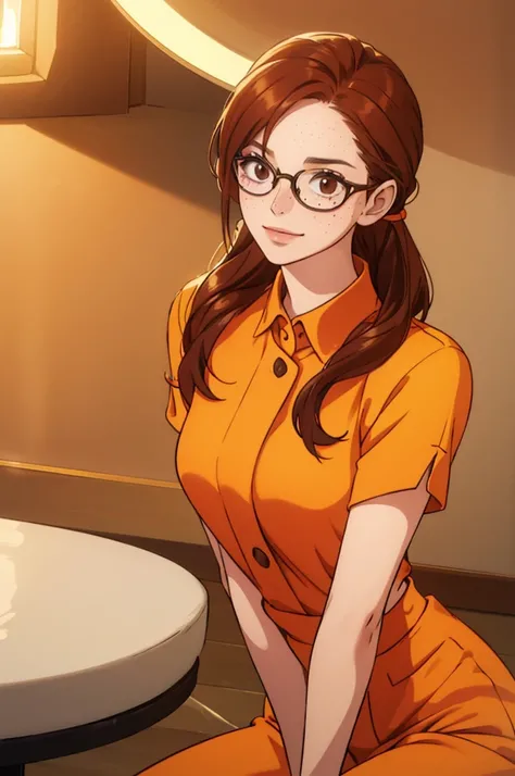 A young woman wearing an orange jumpsuit, exuding confidence and calm. She has round glasses that sit on her nose, freckles and brown hair. Her smile is bold and self-assured, with a touch of calmness that radiates control and poise. The scene is well-lit,...