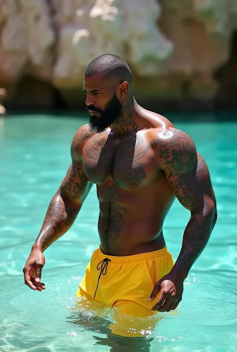 panoramic shot, black man, Short faded hair with side parting, three-day beard trimmed, Fitness, very muscular, very tattooed, tattooed neck, yellow versace swimsuit, Coming out of the water in a cove with crystal clear waters in Menorca, 8k, 