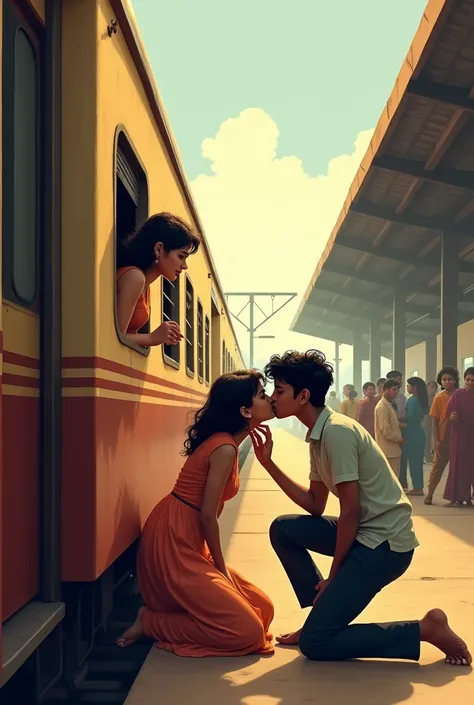 Train is stoped at platform on Indian railway station ,
Girls is seated inside coach ,  hanging one hand outside window, boy kissing that right side hand & his left knee is on the ground