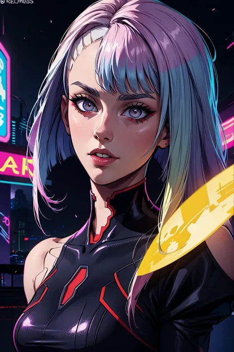 a woman with hair and a black shirt is standing in front of a neon city background with full moon, lois van baarle and rossdraws, portrait of lucy from Cyberpunk Edgerunners, artgerm and lois van baarle, rossdraws 2. 0, rossdraws 1. 0, rossdraws 2. 5, artg...