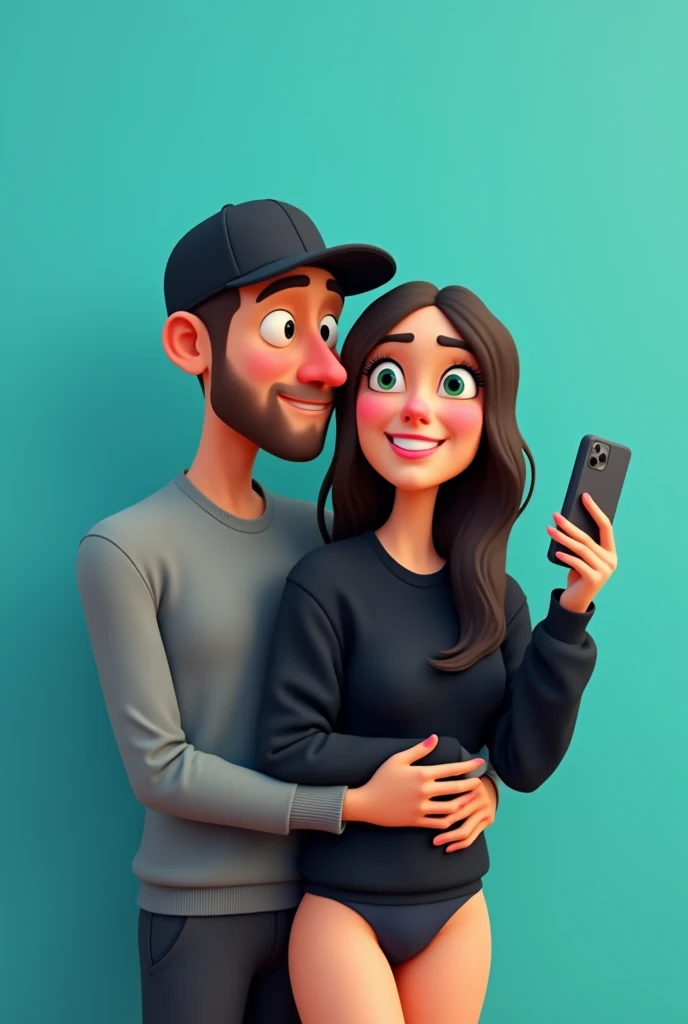 a wedding couple, The boy has a black cap and a grey blouse. The girl has a black sweatshirt and has her hair combed to the side with long black hair. She has some panties., The boy is behind and she has the cell phone taking the photo with the front camer...