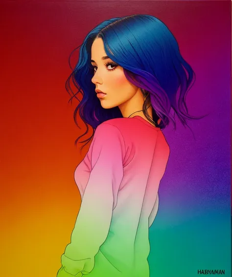 ((very colorful gradient)):[[(front full portrait:1girl (solo) with big eyes and a short hair bob)((Halsey Berryman style)), [dress ((Halsey Berryman style)])):20]/[background: landscape
 surrealism, old canva, (scarlet sunset), ((style Halsey Berryman))]/...