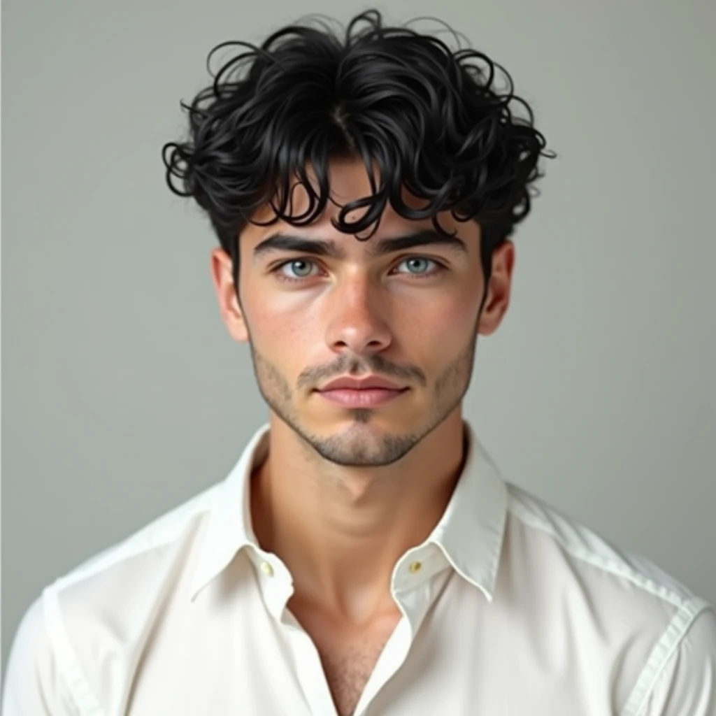 
Handsome man with black curly hair, blue eyes, white skin, thin nose, wearing a white shirt