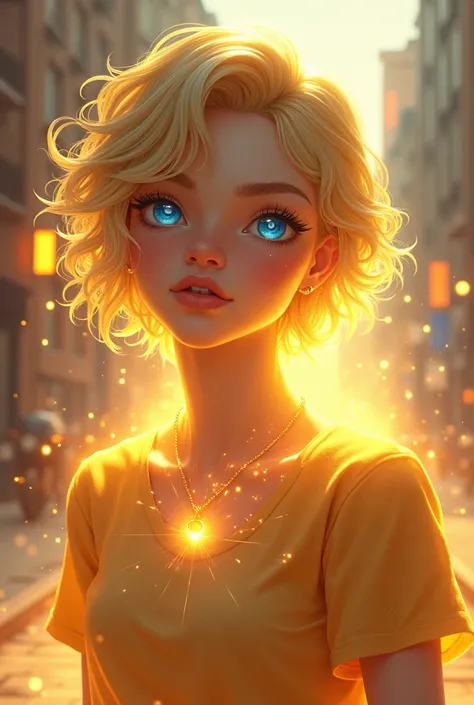 A young adult with medium-short blonde hair and blue eyes with a half-androgynous face with sun powers