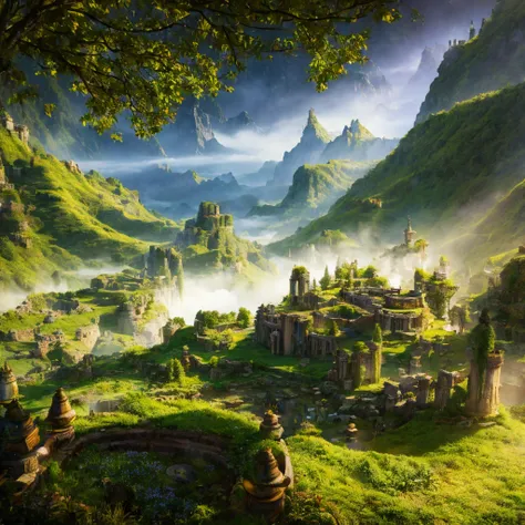 wide angle, panoramic view, a detailed fantasy landscape, enchanted forests, majestic mountains, inspired by tolkien, in the sty...