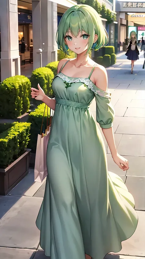 Shoulder-length green hair, Small size breasts, Small breasts、Green Eyes, 、(((Ladylike))),A composition that captures the whole body from head to toe、Feminine clothing、Outerwear、Maxi dress、Chuckle、((Walking side by side with a viewer in a shopping mall))、D...