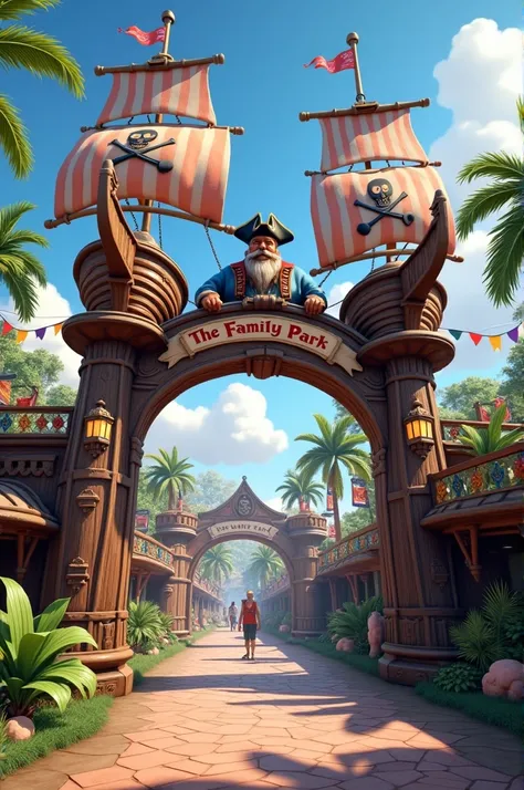 Entrance to a pirate park that says welcome to the family park