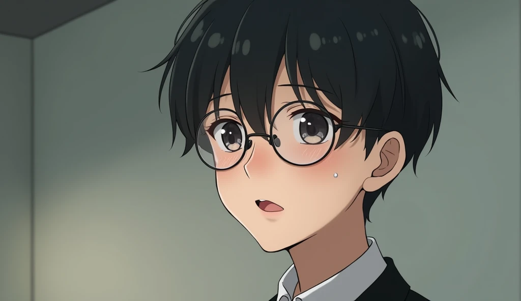 nerdy anime boy 18 with black bowl hair and glasses, more beautiful. He&#39;s getting scolded with a drop of sweat on his face 