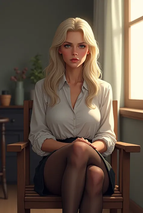 mature aunt, 60 years old, strict, sitting on a wooden chair without armrest, wearing white shirt, short skirt, transparent black tights, long blonde hair, living room