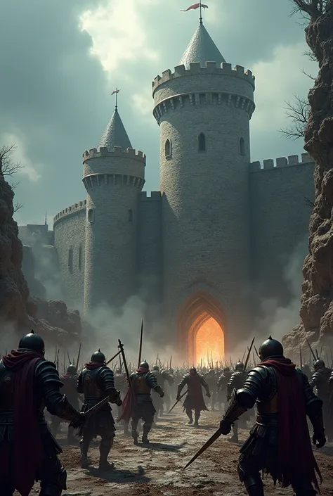 Medieval castle being invaded by Orcs while knights defend the entrance and main gate of the Castle.