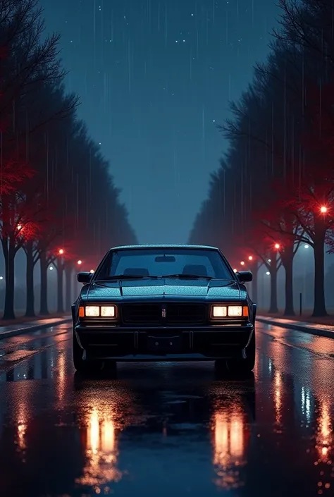 Dodge Charger 1990 black, end of a long street, wet road, night, starry, bright night sky, trees on both sides of the street, red trees, stars in the sky, stars