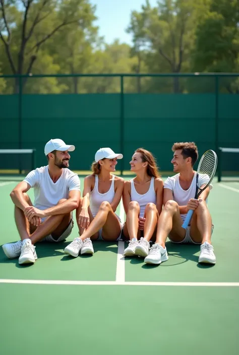 Create a themed image of four adult players playing tennis, where participants sit in a conviviality, enjoying a pleasant and relaxed atmosphere, Taking a photo on the tennis court with his rackets, sitting in the playing area with the court in the backgro...