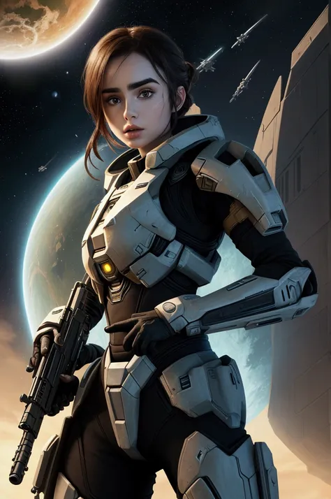 LILY COLLINS, 28 years, a woman in HALO REACH costume holding a gun in front of a planet, germen de arte jsc, HALO REACH, the HALO REACH, 4k, sci-fi female, karol bak uhd, Arte 4K, Chris Moore. germen de arte, Impresionante obra de arte en 8k, arte cg, Aet...