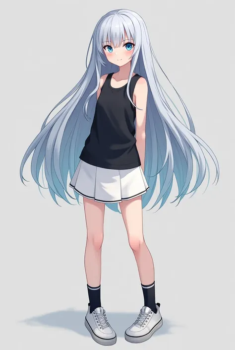 Girl, teen, detailed, beautiful, silver hair, long hair, bangs, left side bangs, left-closed bangs, blue eyes, black tank tops, white skirts, black socks, white sport shoes. 