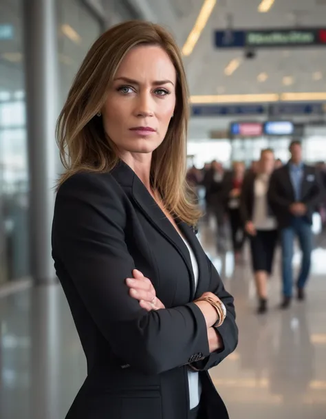 
professional close-up portrait photography of the face of a beautiful ((ohwx bodybuilder woman)) at airport during Afternoon, Nikon Z9,Very Angry, black blazer,