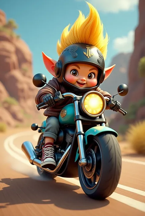 Blonde gnome with big straight hair, wearing a helmet and riding a motorcycle and wearing Allstar sneakers