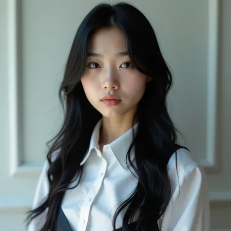 photograph。Neutral facial features。Long straight black hair。Beautiful。Cool impression。Wearing school uniform。Small breasts。No makeup。Fair skin。