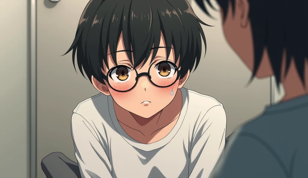 nerdy anime boy 18 with short black bowl shaped hair and glasses, more beautiful. He is getting scolded with a drop of sweat on his face. He is wearing a white long-sleeved shirt and gray sweatpants.