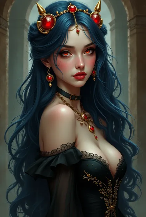 dark  fantasy drawing art style with realism, woman, warm pale colored skin, long dark blue hair, red and gold jewlery on head, in a gothic horror background, wearing golden accessories, wearing a long black gothic victorian themed dress, adult, glowing sm...