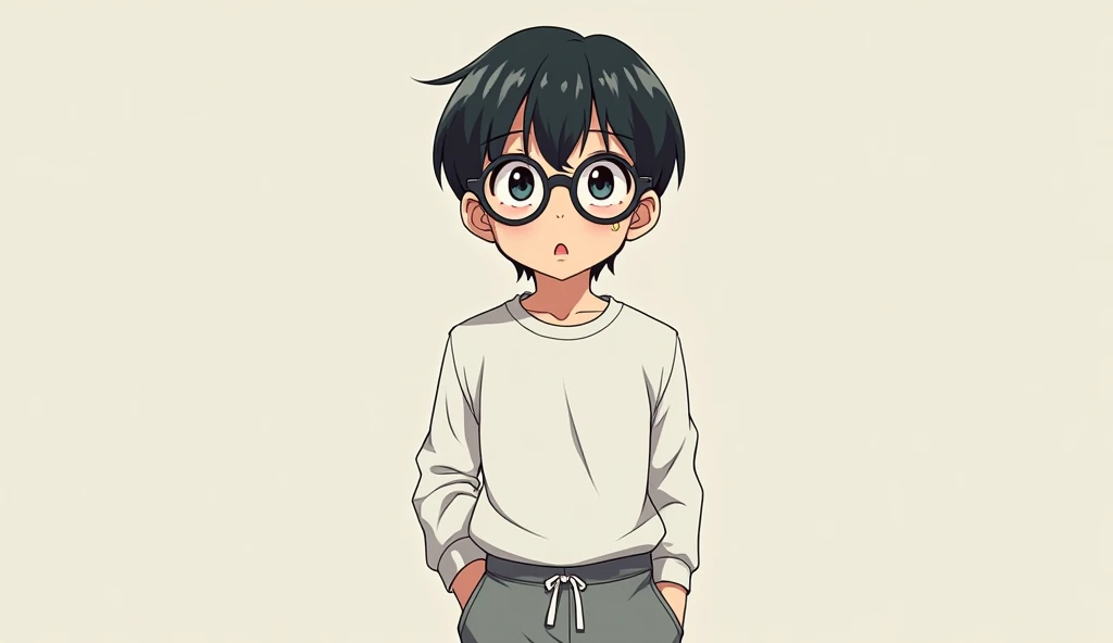 1 anime nerd with short black bowl shaped hair and glasses, more beautiful. He is standing there getting scolded with a drop of sweat on his face. He is wearing a white long-sleeved shirt and gray sweatpants.