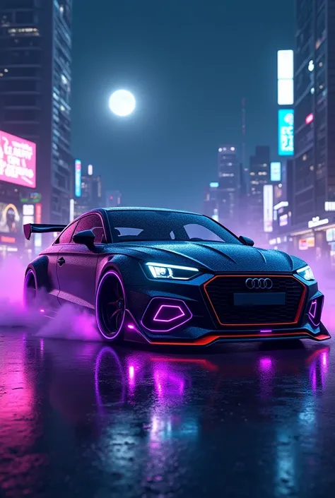 can u make an audi a1 blue and purple with neons and bodykit in night neon light city and moonlight with wheels smoking and purple neon lights