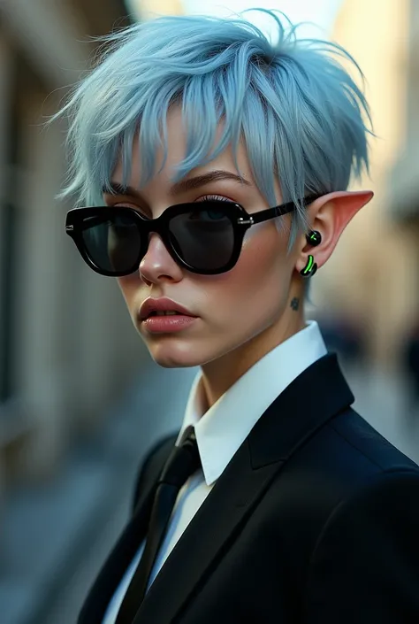 ((Best Quality)), ((masterpiece)), (detailed), (original), (realist), a young woman with vibrant silver hair, blue hair tips, with a slightly messy style, pixie cut, His striking light blue eyes., and has light freckles scattered across her face. Elf&#39;s...