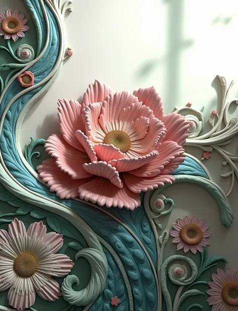 a bas-relief sculpture in the Art Nouveau style, beautiful detailed intricate floral patterns, organic flowing designs, elegant curving lines, highly detailed, masterpiece, 8k, photorealistic, vibrant colors, dramatic lighting, chiaroscuro effects, studio ...