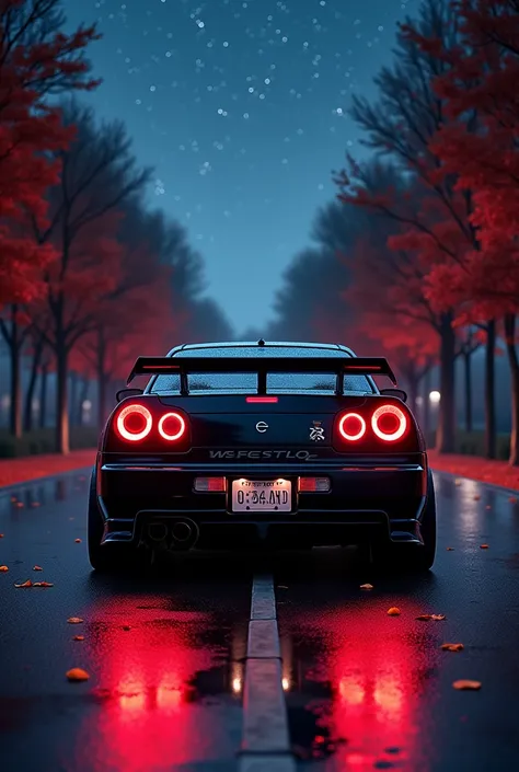 Nissan GT-R R34 black,The angle of the back of the car, end of a long street, wet road, night, starry, bright night sky, trees on both sides of the street, red trees, stars in the sky, stars