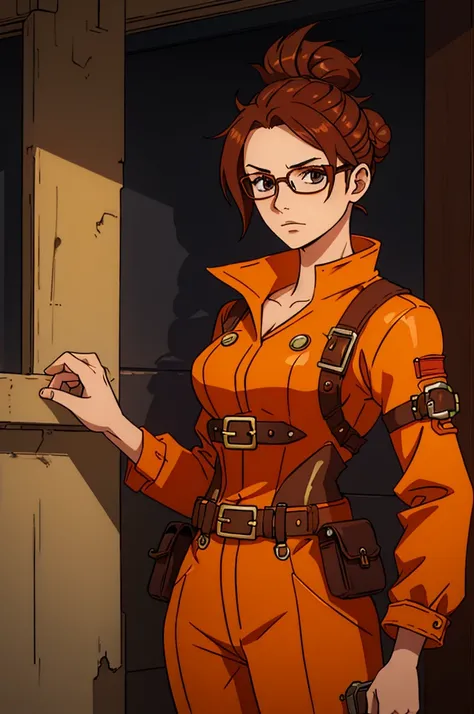 A young woman wearing an orange work jumpsuit with steampunk-inspired details, such as brass buckles, leather straps, and gears subtly integrated into the design. She has round glasses with metal frames and her brown hair is tied up in a neat bun atop her ...