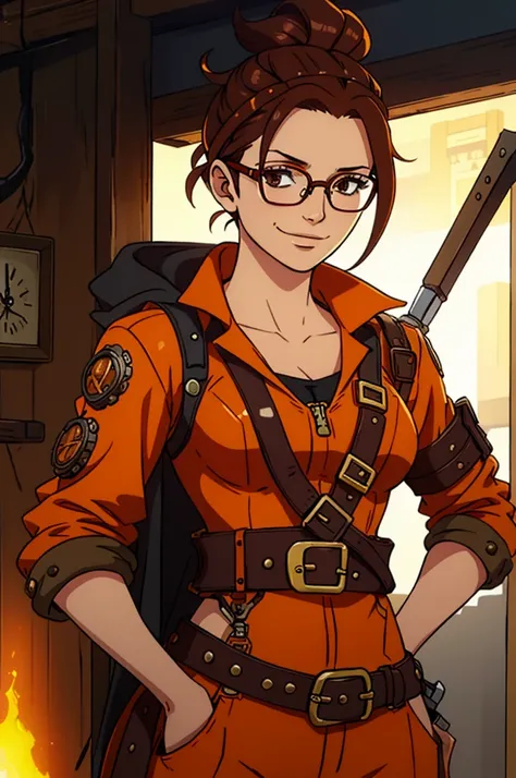 A young woman wearing an orange work jumpsuit with steampunk-inspired details, such as brass buckles, leather straps, and gears subtly integrated into the design. She has round glasses with metal frames and her brown hair is tied up in a neat bun atop her ...