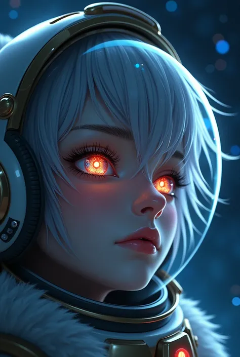 (Close-up of a better masterpiece:1.5)0.9], (Space and astronauts:1.2) (Messy silver hair:1.1) (Heterochromia xanthochromia and blue eyes:1.2) (Space Helmet:1.0) (Colored stars in the eyes:1.0) (A radiant glow:1.1) (thick lips:0.9)