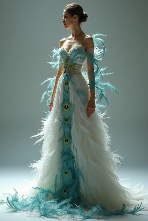 Imagine a dress that is an explosion of elegance and creativity, with a touch of nature and fantasy. The dress is long, touching the floor with an elegant train. Its silhouette is tight on the bust, highlighting the figure, to then widen into a wide, flowi...