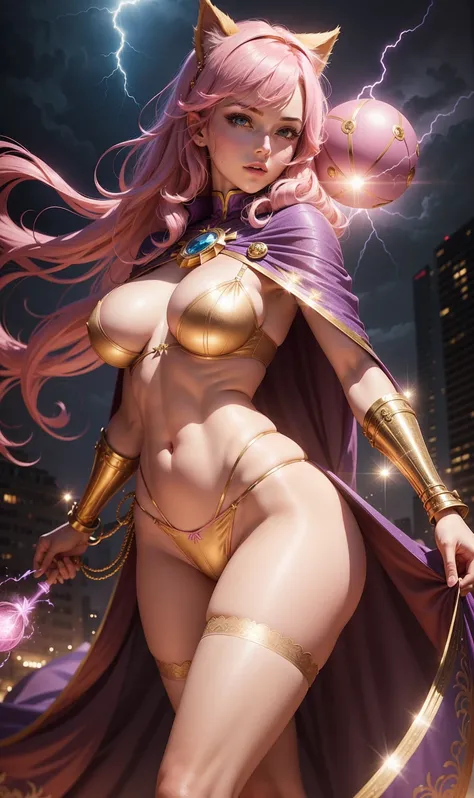 a woman with pink hair and blue clothes holding a purple ball of light, lightning ball, gold thread panties, Sexy lingerie, GIANT CAPE, seminua, standing up, breasts big, camel-toe, Tiara with cat ears