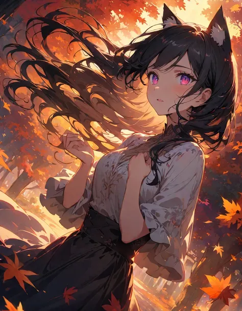 anime style, super lovely illustration, very detailed, Dynamic angle, beautiful detailed, 8 K, On an autumn night, the autumn maples glow quietly, illuminated cities. BREAK The woman stands still., captivated by the beautiful scene, look, as the bright lea...