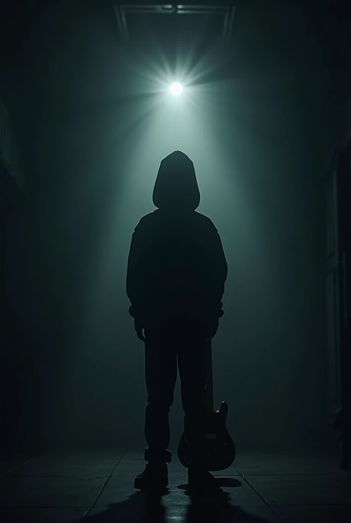 Silhouette of teenage boy with hood standing alone with his back turned in a dark room, that represents fear, without hope, Anxiety, full of painful images but there is a bright light where there is a guitar, which is your refuge