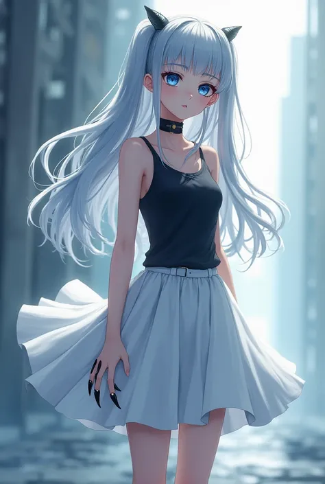 Girl, human, teenager, very detailed, beautiful, silver hair, long hair, bangs, left side bangs, blue eyes, black tank tops, white skirts, black socks, white sport shoes, long claws. 