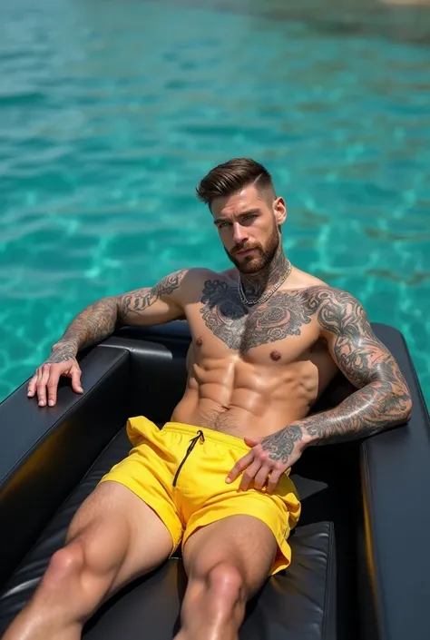 panoramic shot, man, moreno, Short faded hair with side parting, three-day beard trimmed, Fitness, very muscular, very tattooed, tattooed neck, tattooed head, yellow versace swimsuit, on a matte black yacht,Bathing in the crystal clear waters of Menorca, s...