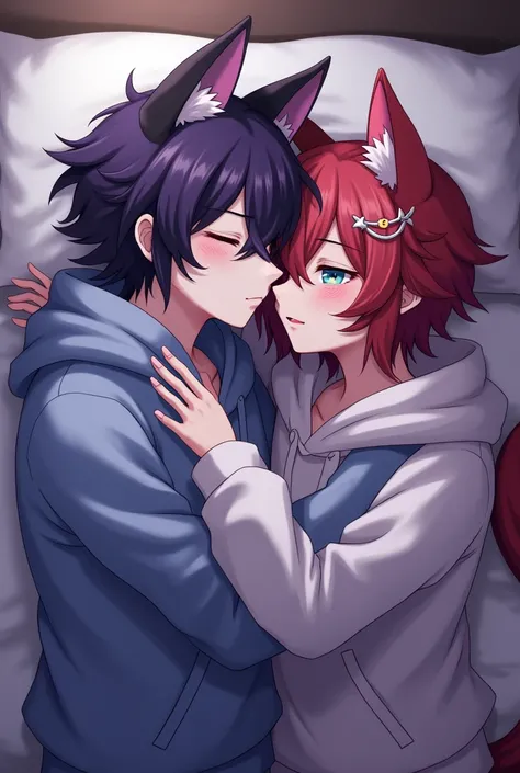 A boy with mud purple hair saft clothes and has black wolf ears and a demon Tail,he has pale skin and mud purple eyes with star shaped pupils and black mark around his left eye and wears a oversized hoodie And is muscular,he is cuddling with a boy with mud...