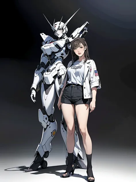 A high school girl wearing shorts and a jacket stands next to a giant robot, artwork in the style of Gwaiz, Cyberpunk Anime Girl Mecha, Trending on cgstation, Gwaiz, By Russell Dongjun Lu, Digital Cyberpunk Unearthed Art, Lostrun 8k, Gwaiz on artstation pi...