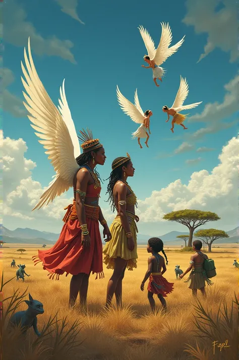 image of some indigenous people with some angels and some goblins in a savanna-type landscape